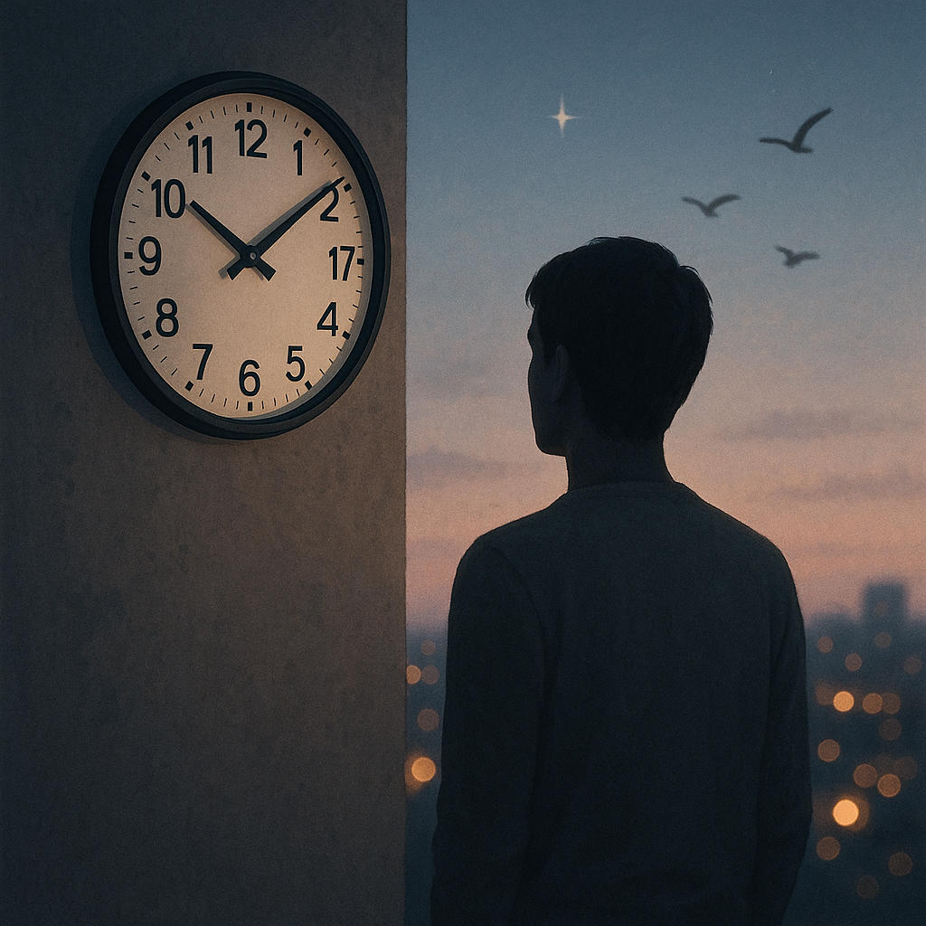 Silhouette humaine regardant une horloge affichant 17h17 avec un paysage urbain flou.