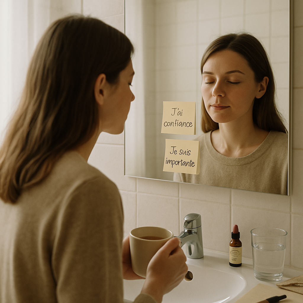 Femme lisant ses affirmations positives au réveil