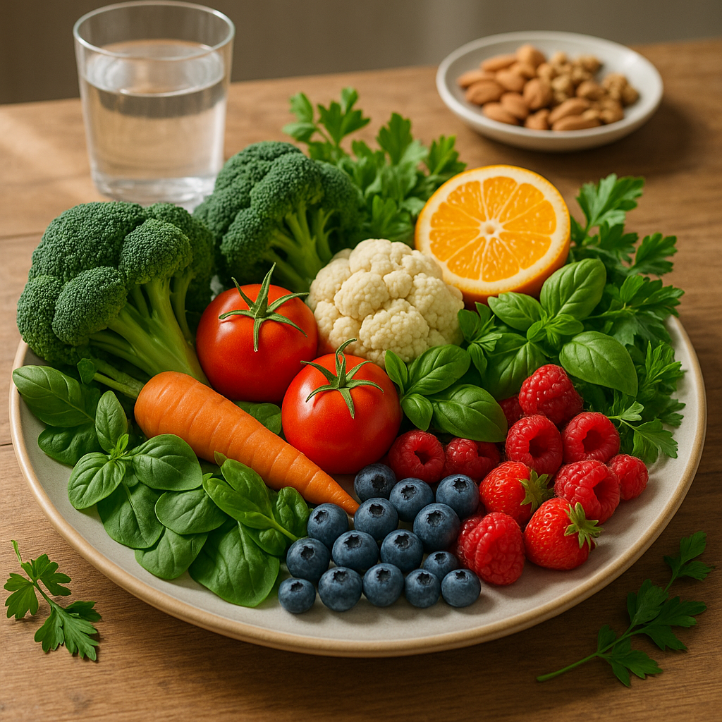 Un plat coloré de fruits et légumes frais représentant une alimentation saine pour le foie.