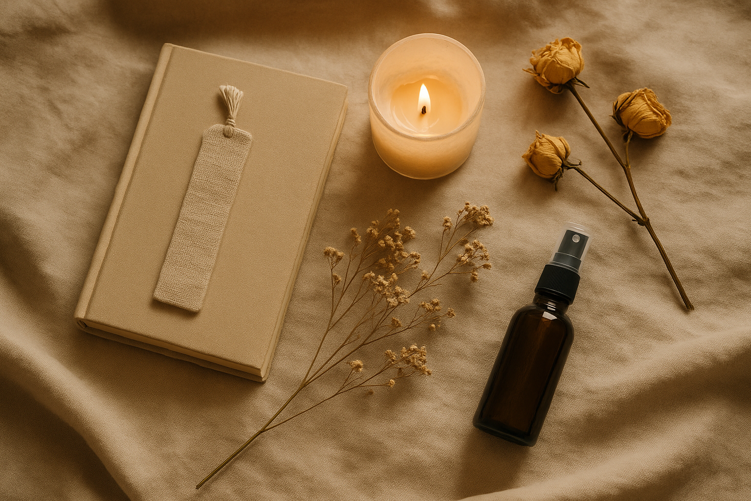 Mise en scène apaisante avec livre, bougie, fleurs séchées et spray floral