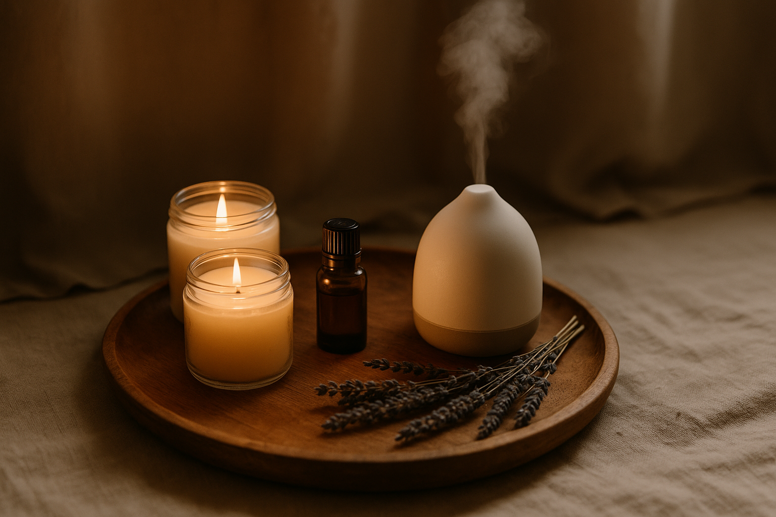 Plateau avec bougies naturelles, huile essentielle et lavande