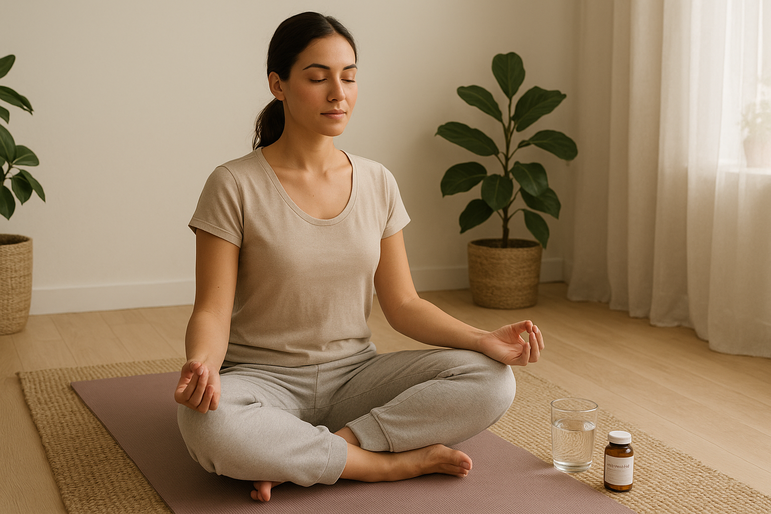 Femme en méditation avec gélules d’Ashwagandha à ses côtés dans une pièce apaisante