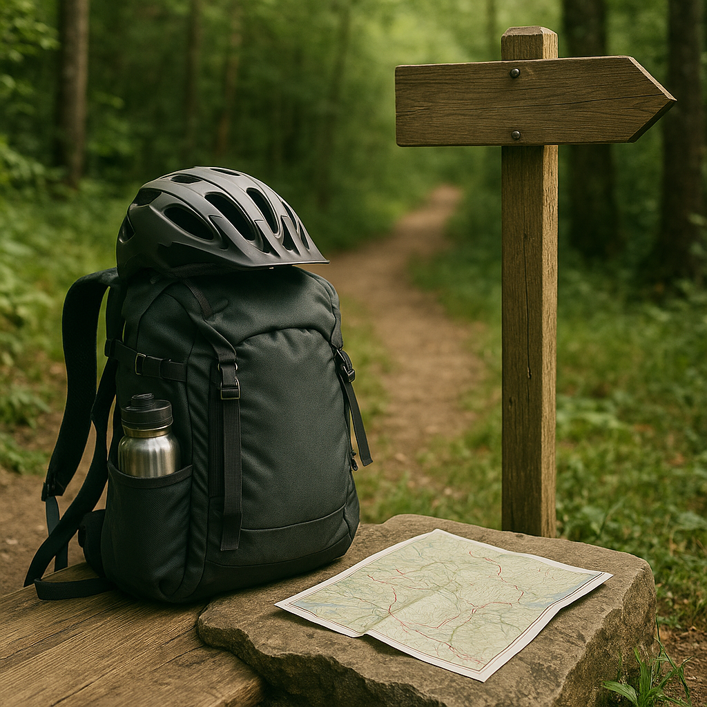 Sac à dos de randonnée et carte près du sentier