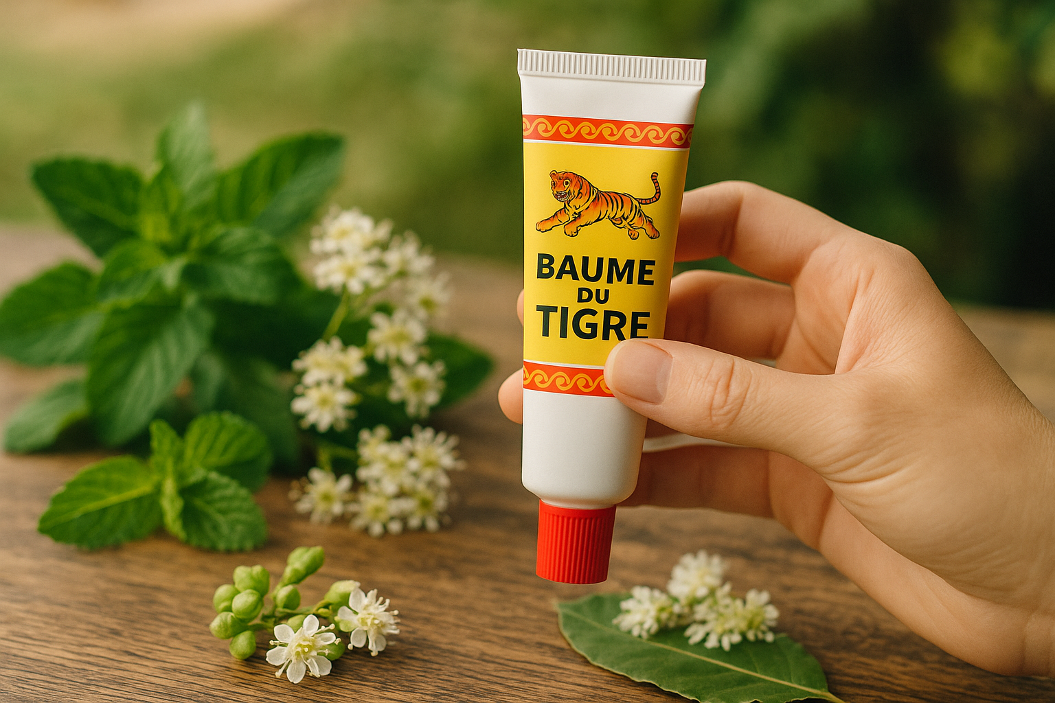 Ingrédients naturels du Baume du Tigre avec le produit en avant-plan.