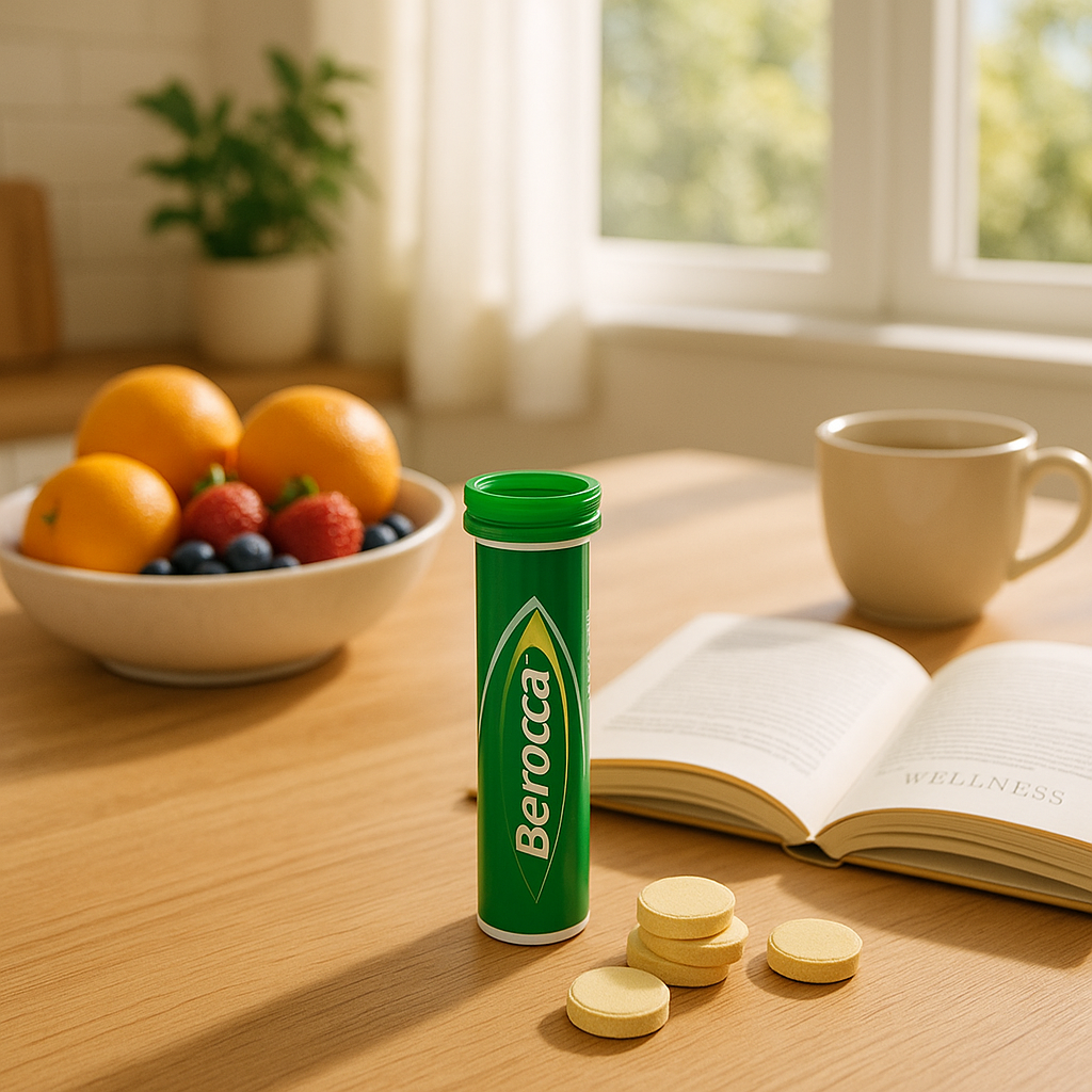 Bocal de vitamines Berocca ouvert avec des fruits et un livre de bien-être dans une cuisine lumineuse.