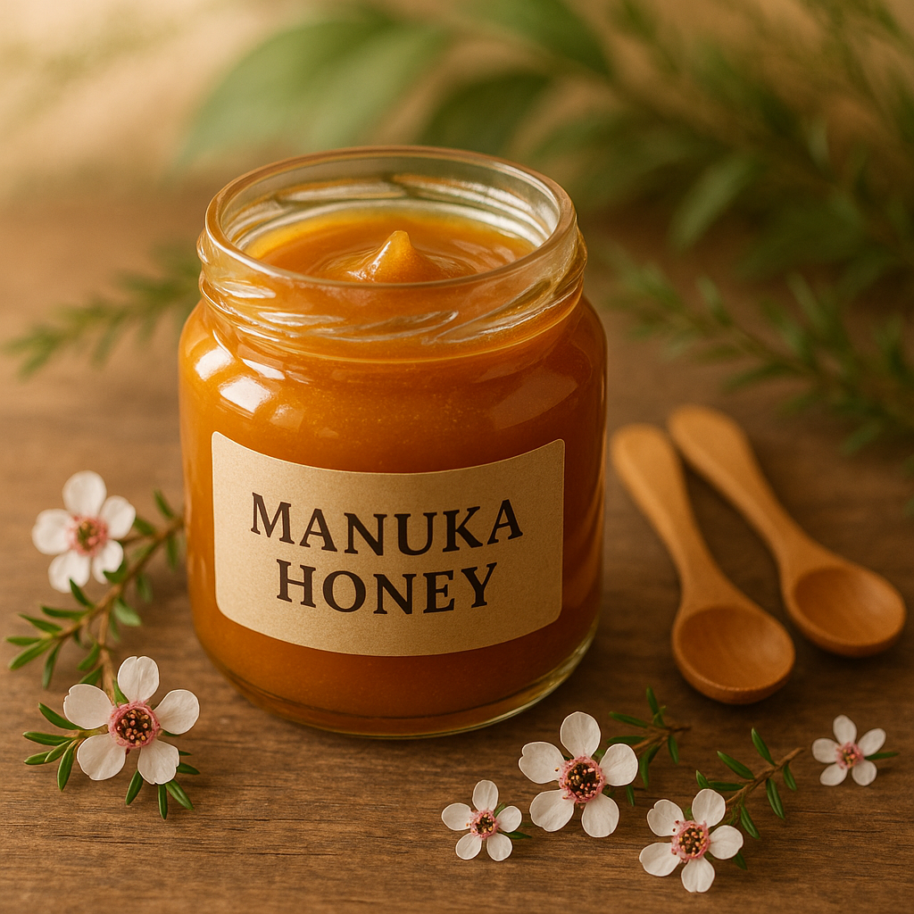 Bocal de miel de Manuka ouvert sur une table en bois, entouré de cuillères en bois et de fleurs de manuka.
