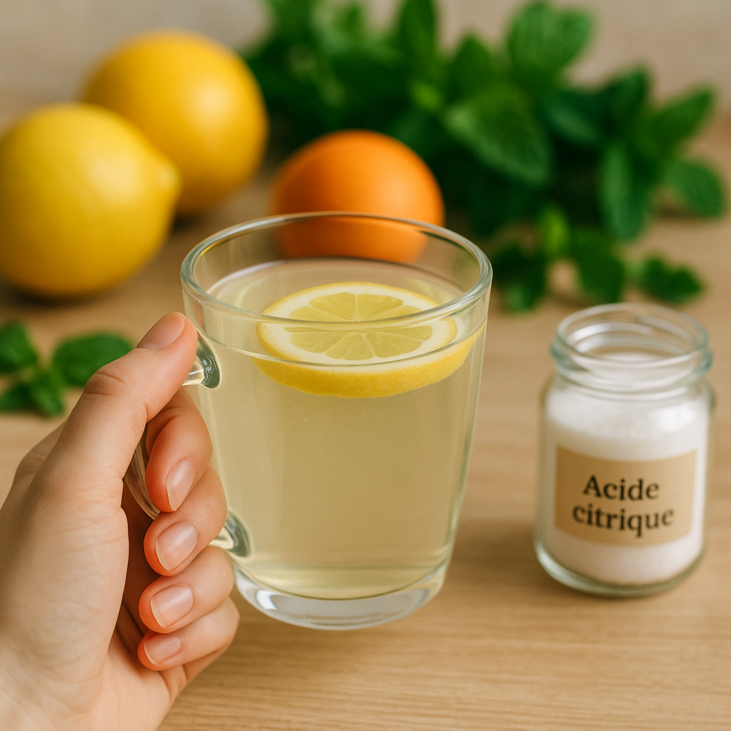 Main tenant une tasse de boisson infusée au citron, avec des fruits frais et de l'acide citrique en arrière-plan.