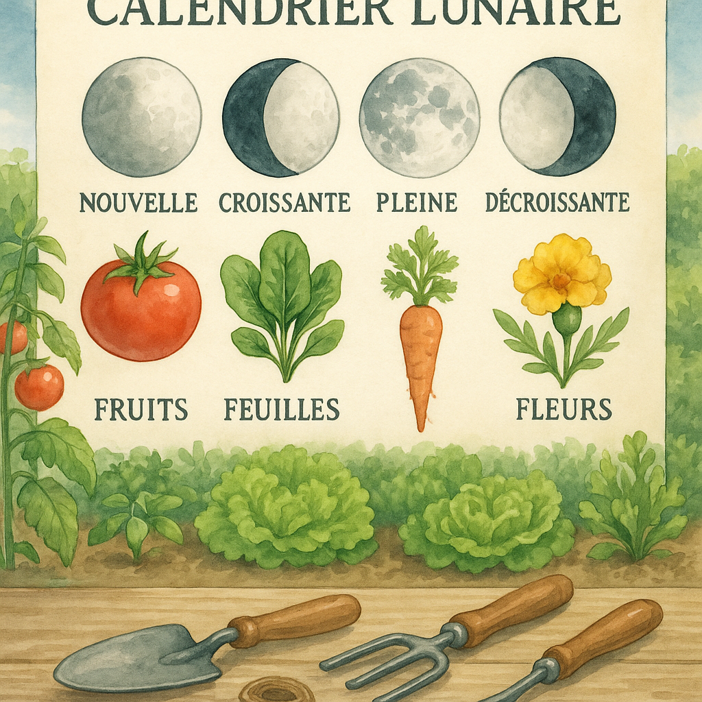 Illustration d'un calendrier lunaire avec les phases de la lune et des légumes symboliques.