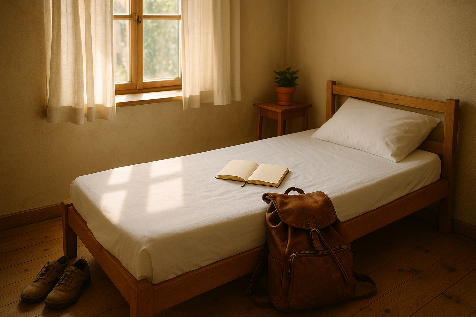 Intérieur simple et chaleureux d'une chambre de voyage en solo