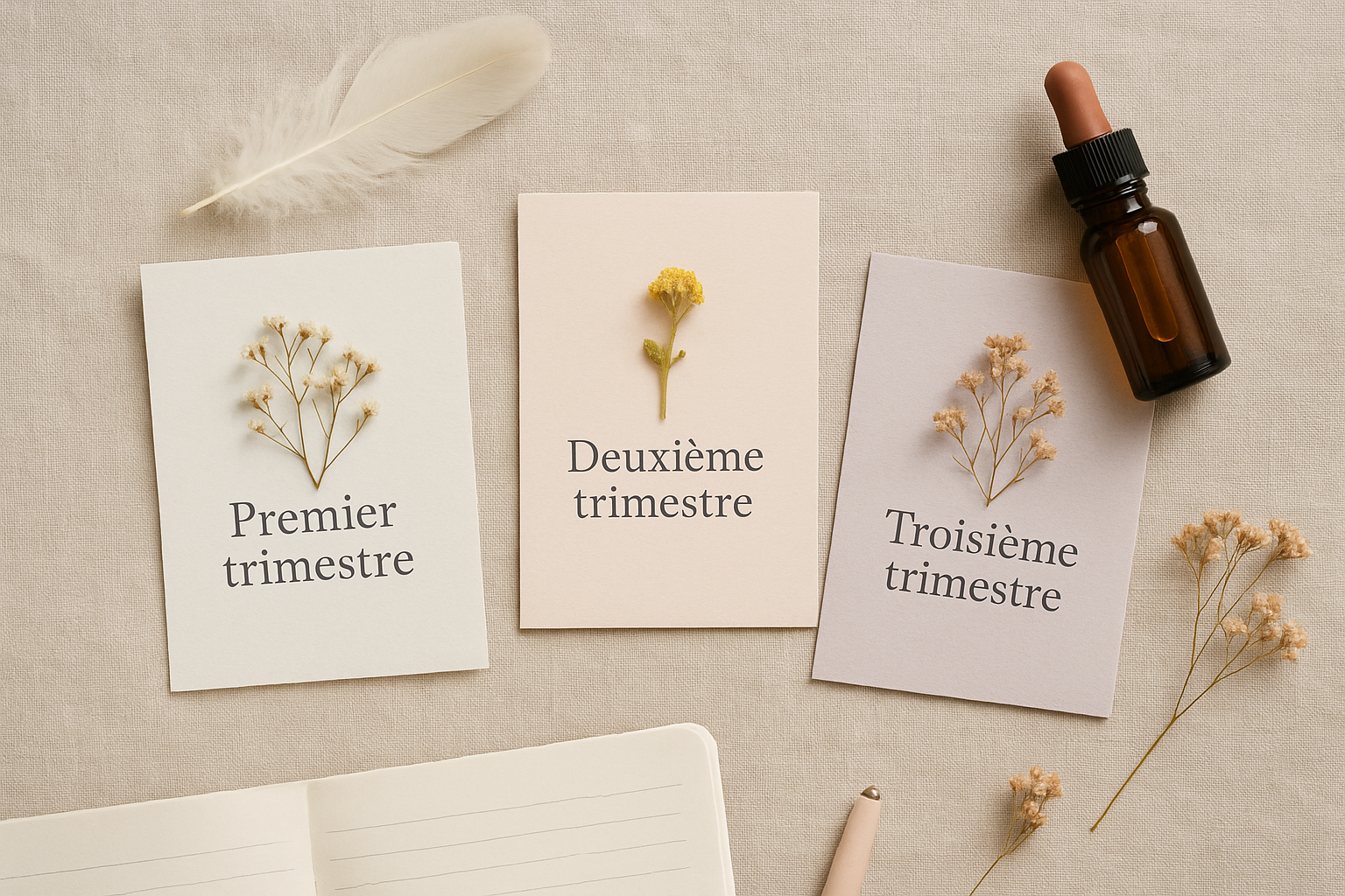 Mise en scène des trois trimestres de grossesse avec des éléments naturels et des fleurs de Bach