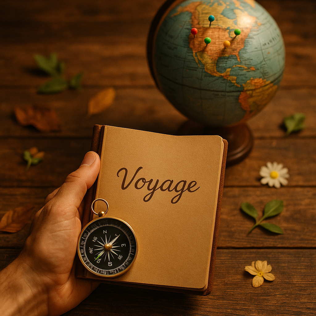 Une main tenant un compas et un carnet de voyage sur une table en bois, illustrant le désir d'aventure du chemin de vie 5.