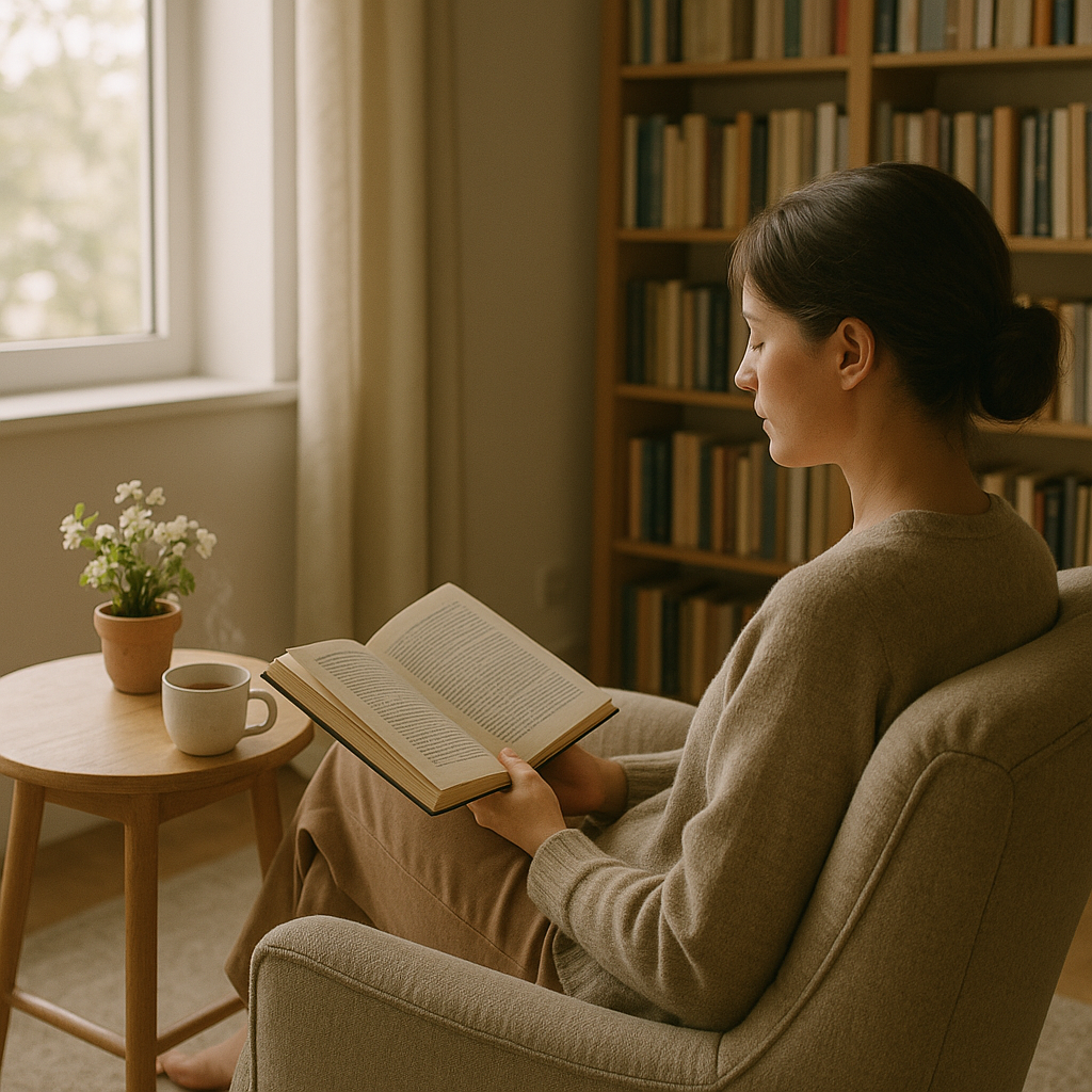 Une personne lisant paisiblement dans un coin de lecture confortable, entourée d'une ambiance sereine qui évoque la relaxation et la gestion du stress.