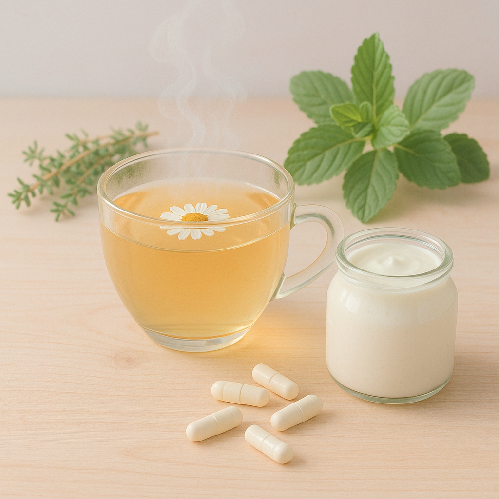Composition d'éléments naturels pour l'hygiène intime, comprenant une tasse d'infusion de camomille, un pot de yaourt et des gélules probiotiques.