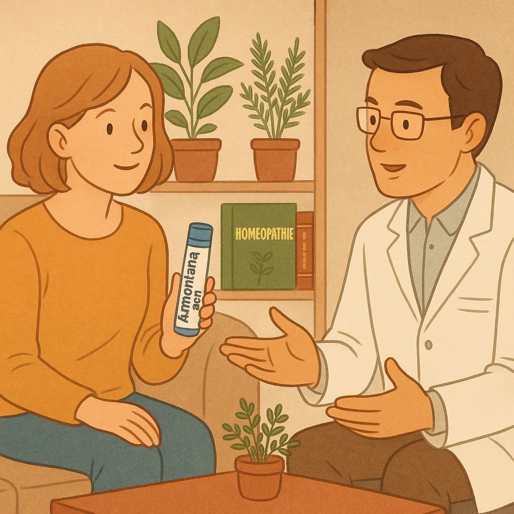 Personne consultant un professionnel sur l'utilisation de l'arnica montana 9CH dans un salon.