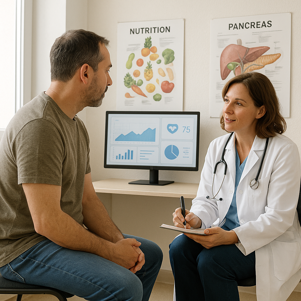 Patient en consultation médicale avec un médecin, symbole du suivi médical après une pancréatite aiguë.