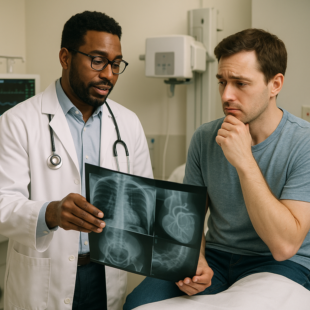 Un cardiologue examine des résultats d'imagerie cardiaque avec un patient.