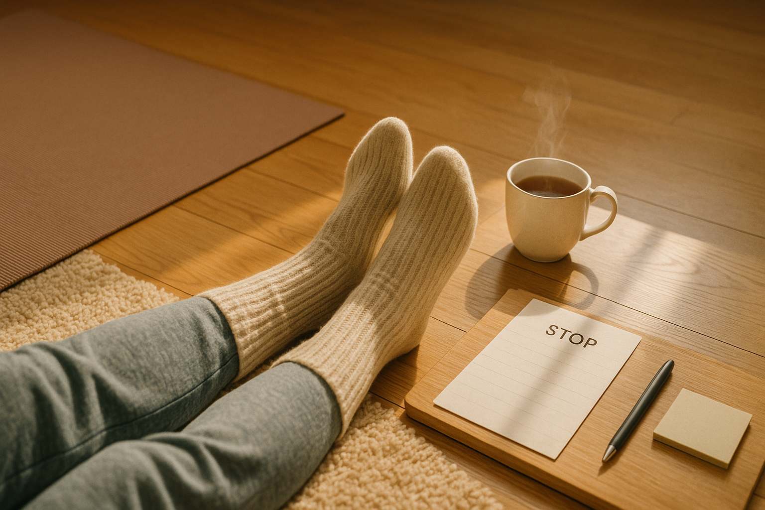 Pieds en chaussettes près d’un tapis de yoga