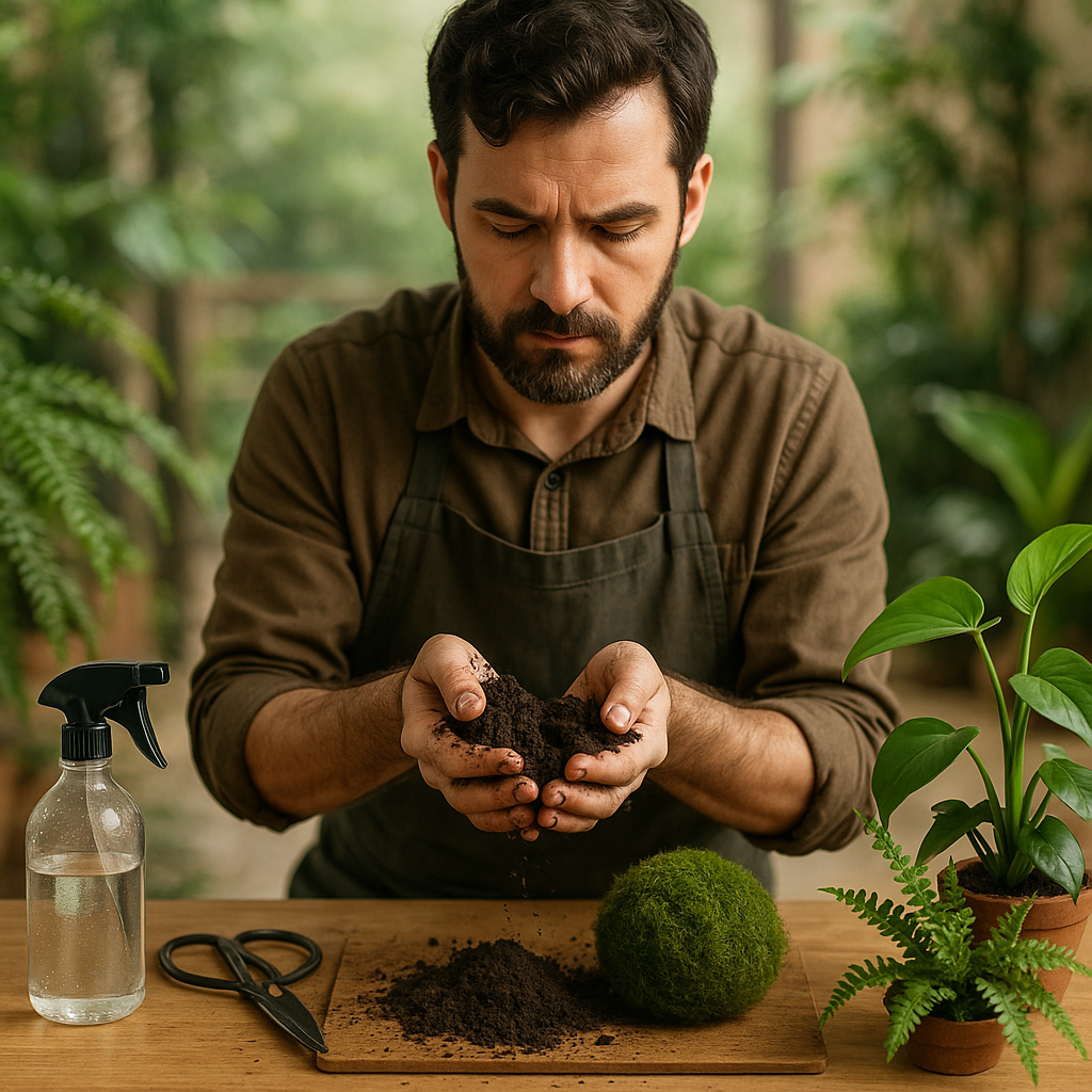 Un artisan créant un kokedama avec des plantes et des outils à portée de main.