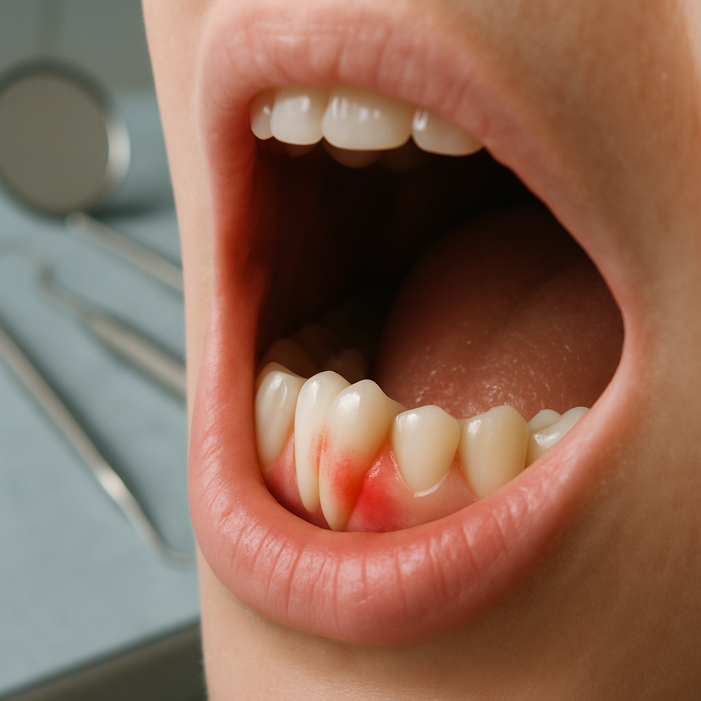 Gros plan sur une dent de sagesse partiellement éruptée avec des gencives enflammées.