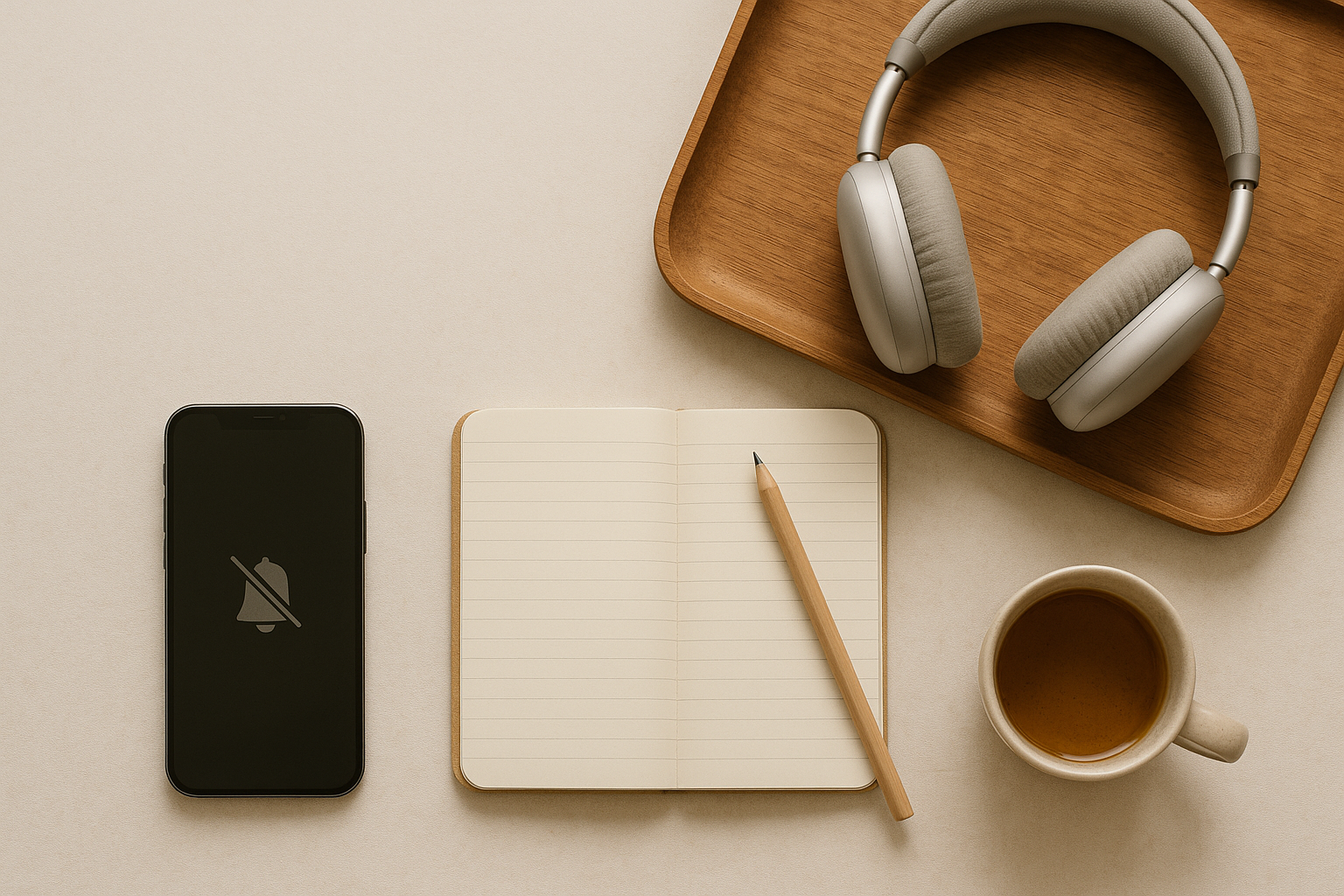 Coin de bureau ordonné avec smartphone en mode silencieux, carnet et casque antibruit