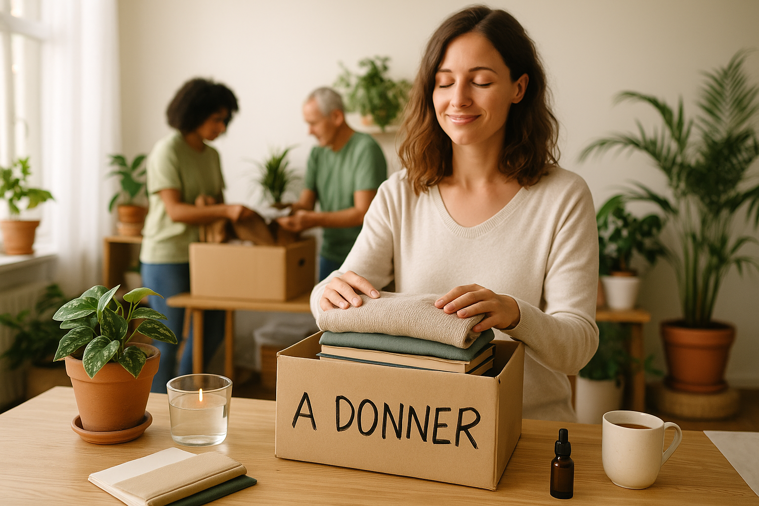 Femme déposant des vêtements et livres dans une boîte de dons