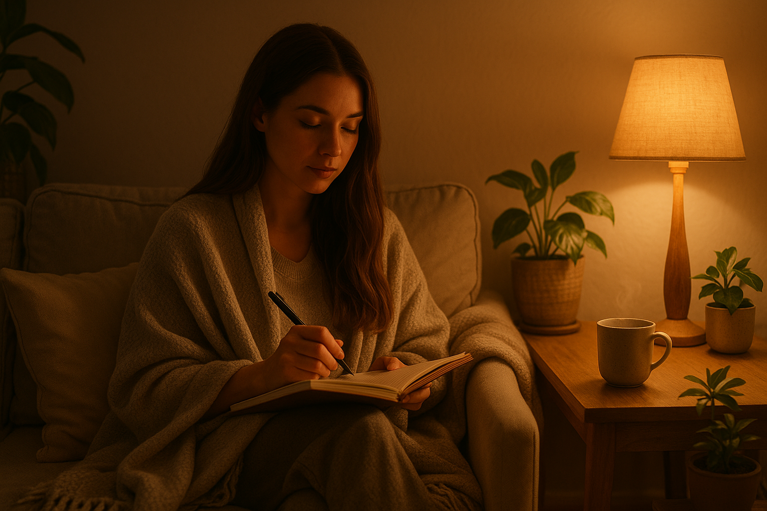 Femme écrivant dans son journal en fin de journée, ambiance apaisante