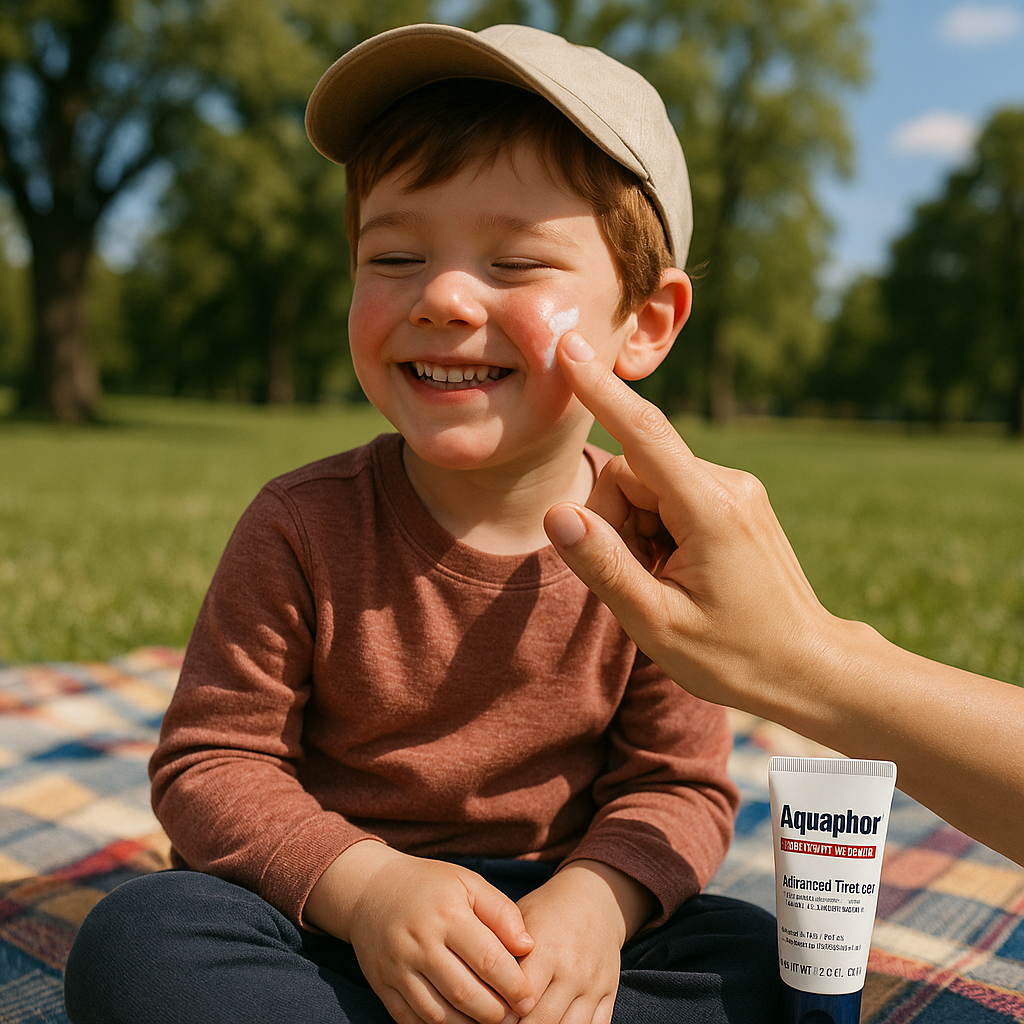 Un parent appliquant le baume réparateur Aquaphor sur les joues d'un enfant dans un parc ensoleillé.