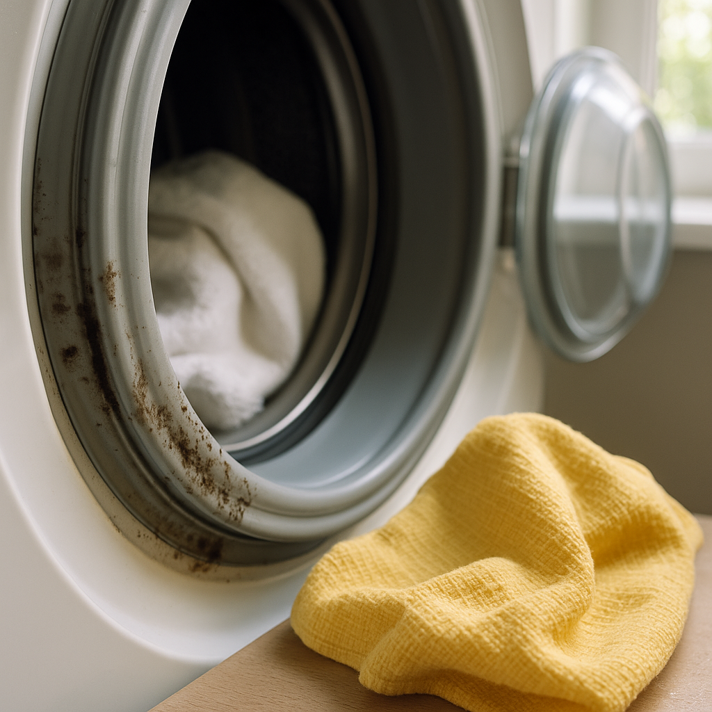 Gros plan sur les joints en caoutchouc d'une machine à laver et un chiffon de nettoyage.