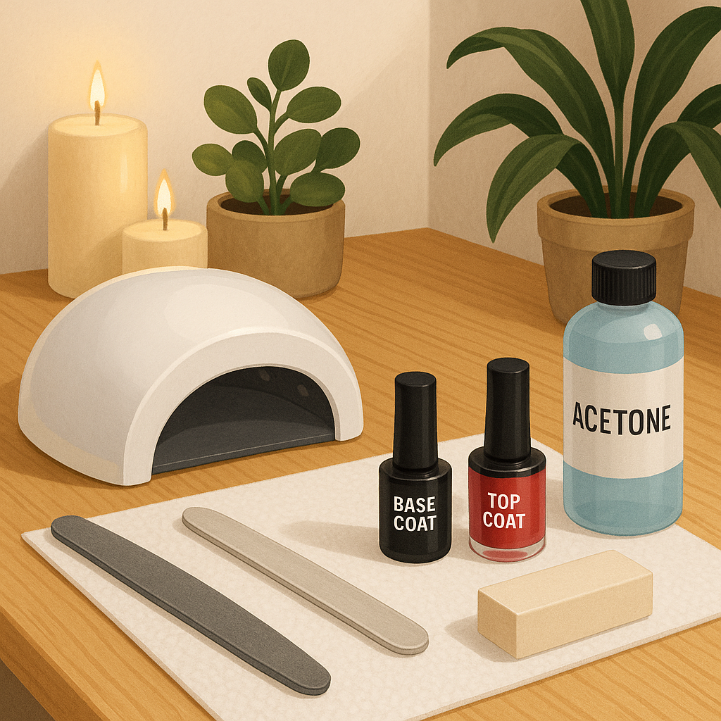 Espace de travail pour manucure avec vernis semi-permanent et outils de soin.