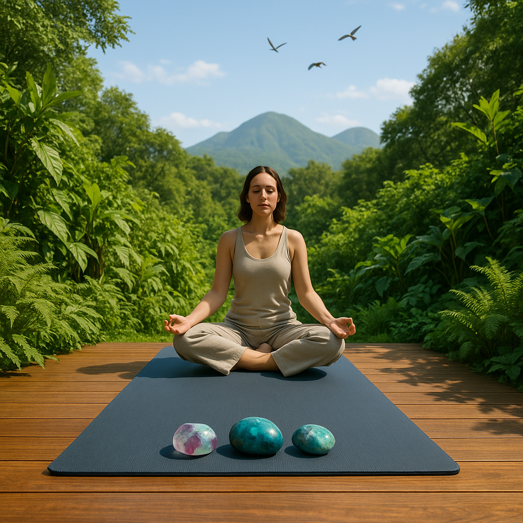 Espace de méditation extérieur avec un tapis de yoga, symbole d'équilibre et d'ouverture émotionnelle.
