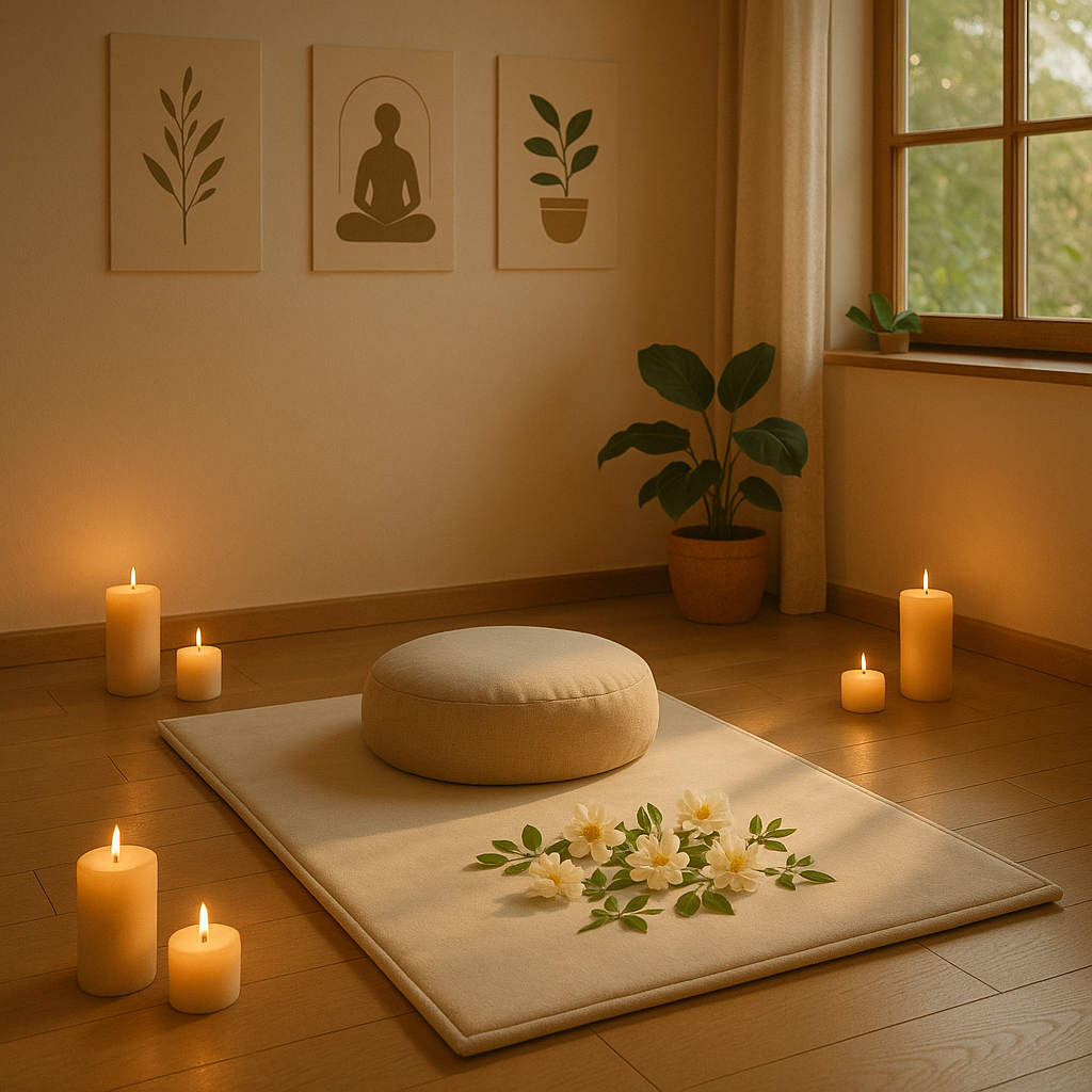 Espace de méditation avec un tapis, des coussins, des bougies et des fleurs de Bach pour le bien-être.