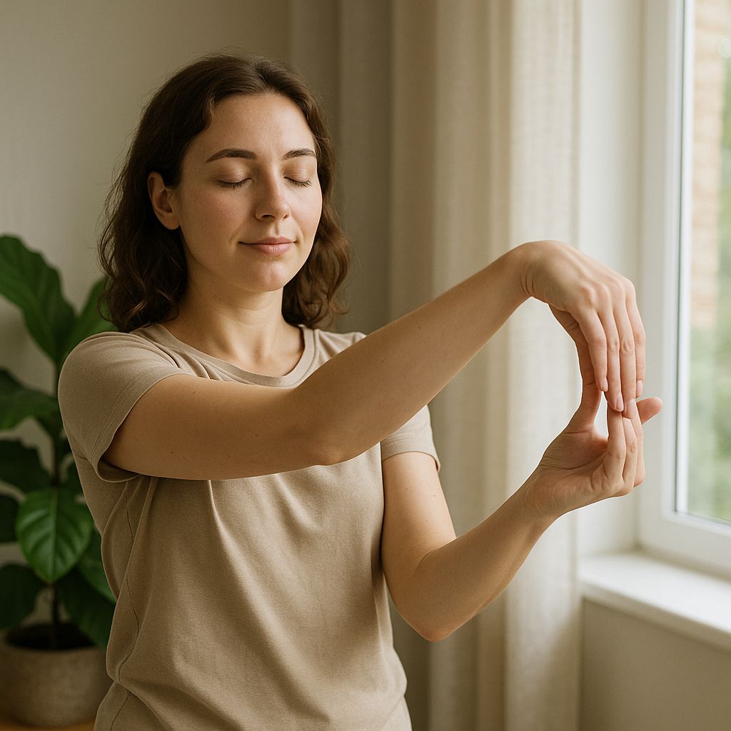 Personne réalisant des étirements pour le poignet dans un cadre apaisant, soulignant l'importance de la prévention de la tendinite.