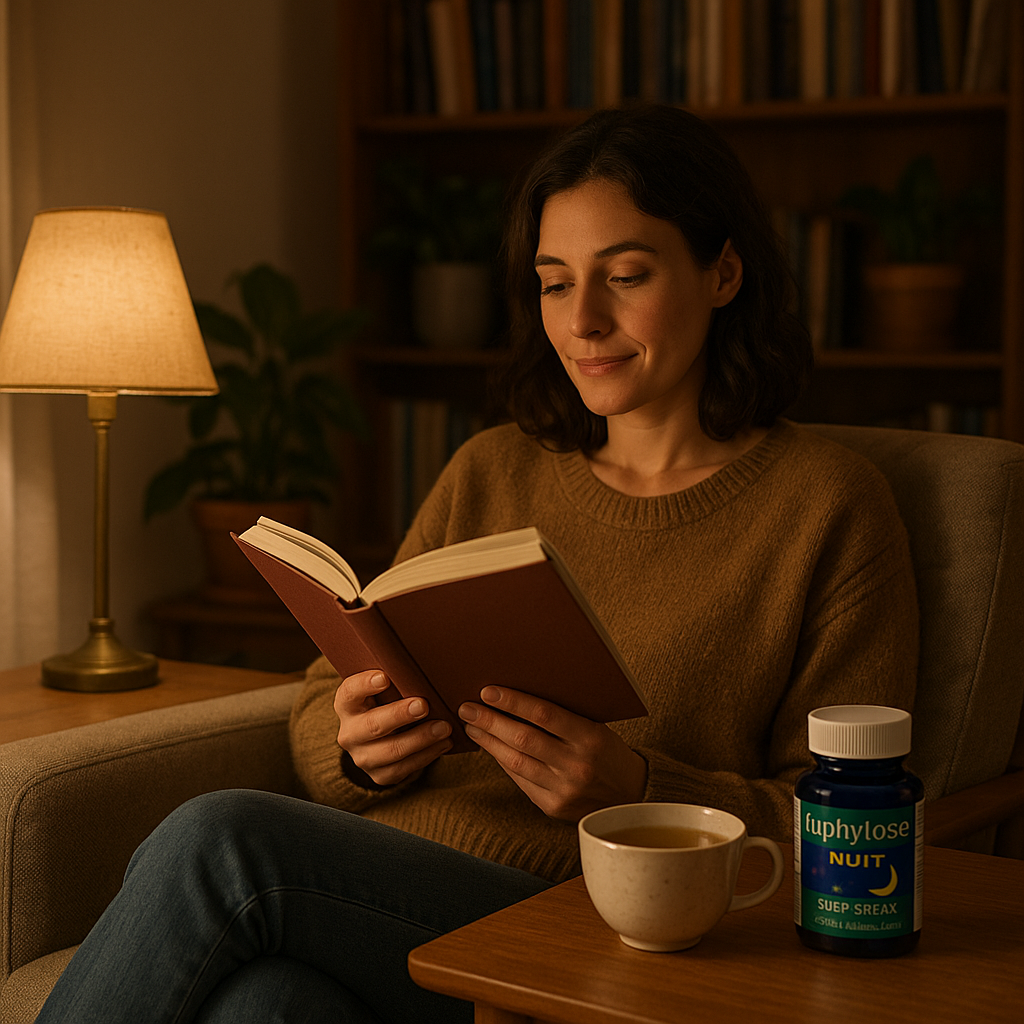 Personne confortablement installée avec un livre et Euphytose Nuit, favorisant la détente avant le sommeil.