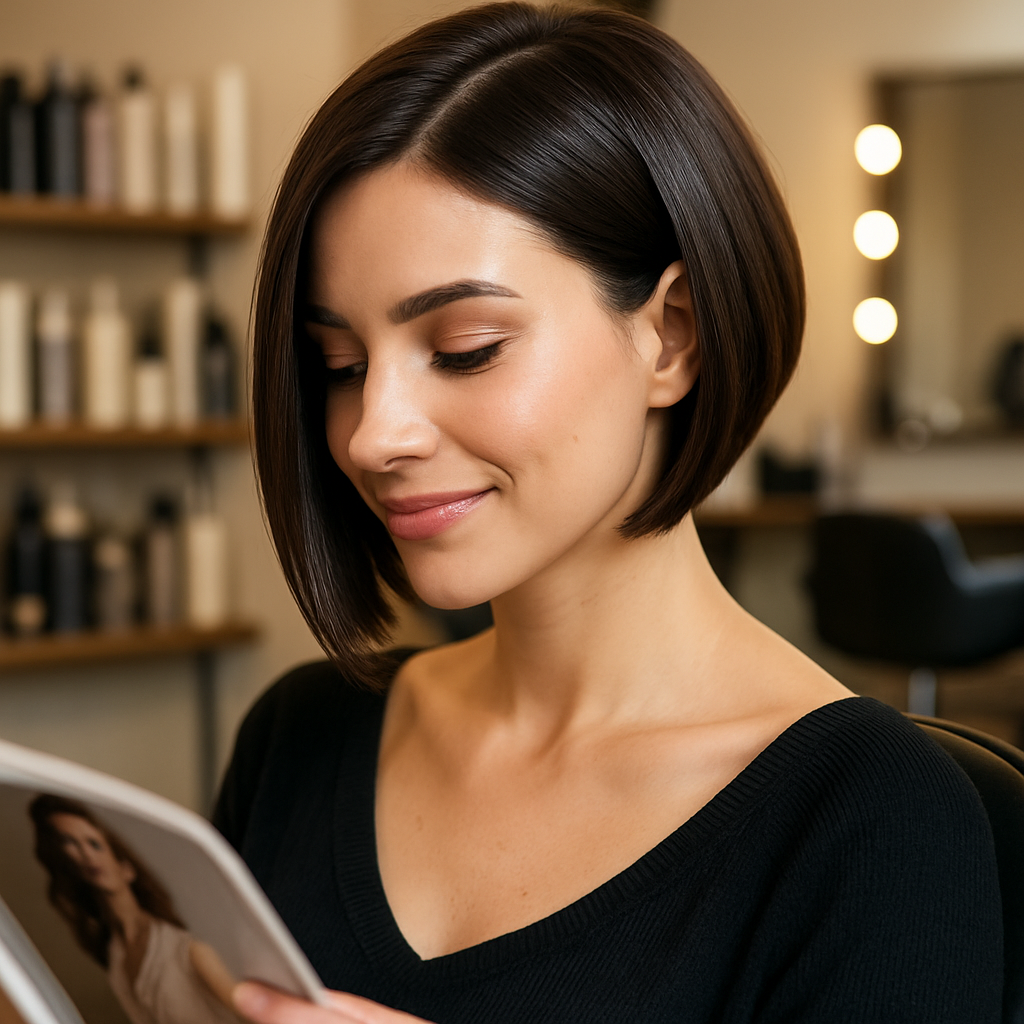 Femme avec un carré plongeant élégant dans un salon de coiffure moderne.