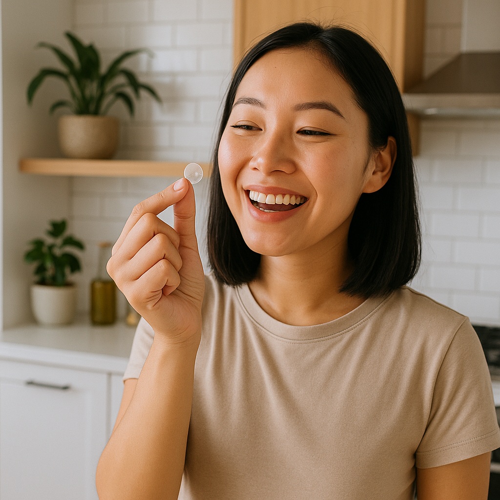 Femme dans une cuisine moderne tenant un patch anti-boutons, prête à l'appliquer.