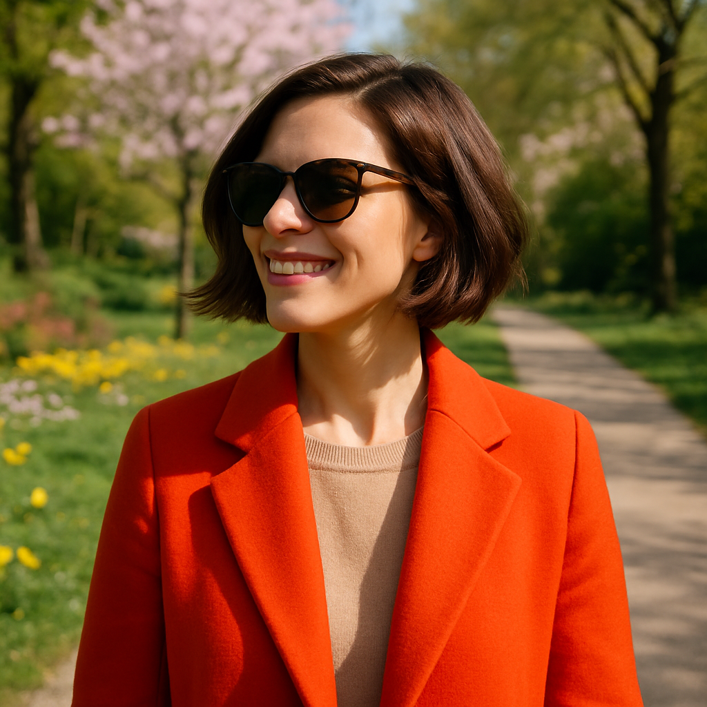 Femme avec un carré plongeant se promenant dans un parc en fleurs.