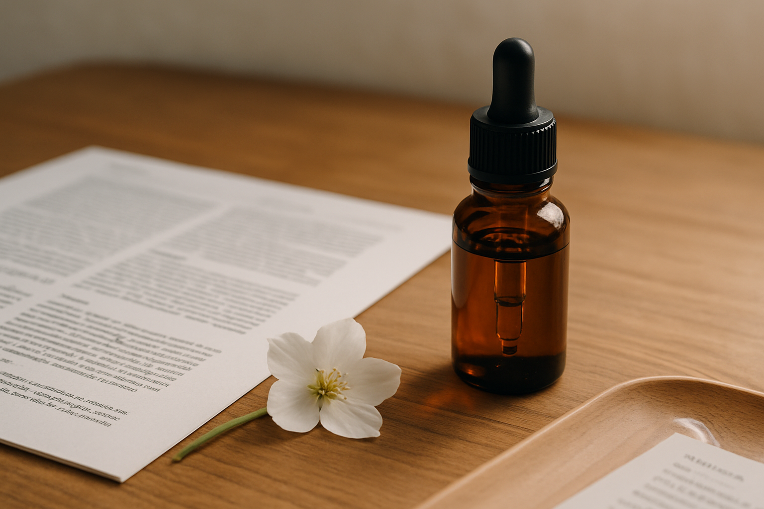 Flacon de fleurs de Bach à côté d'un article scientifique sur un bureau en bois