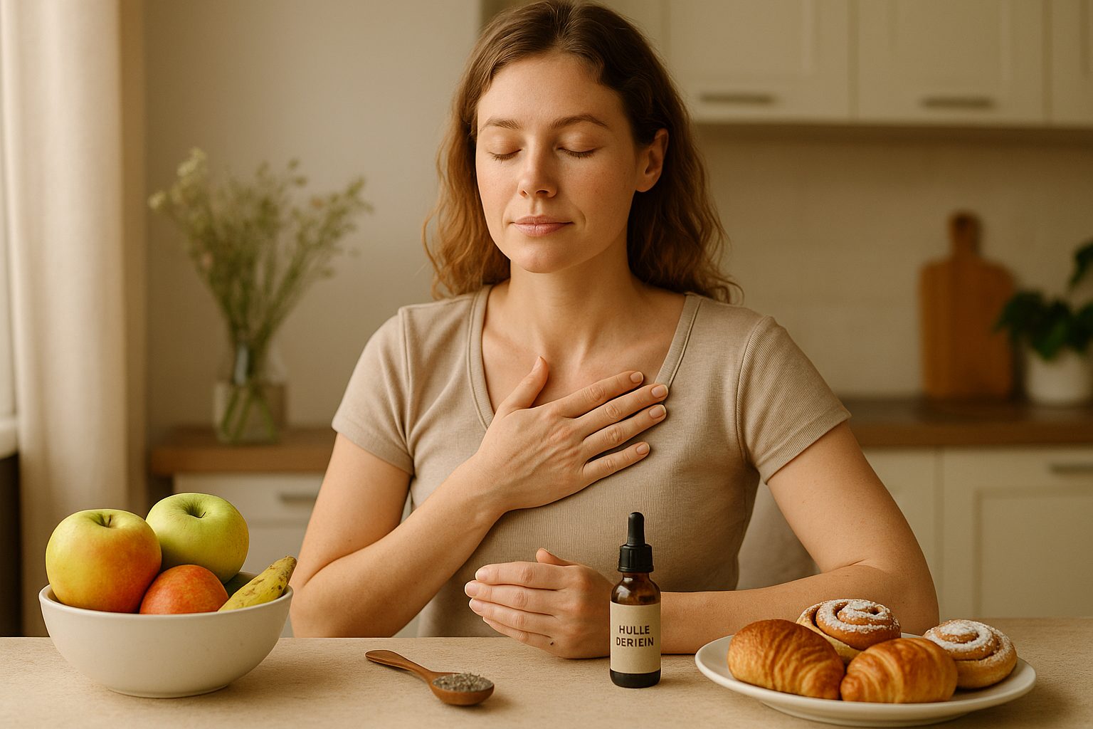 Femme prenant un moment pour choisir entre fruits et pâtisserie, avec une fleur de Bach à ses côtés.