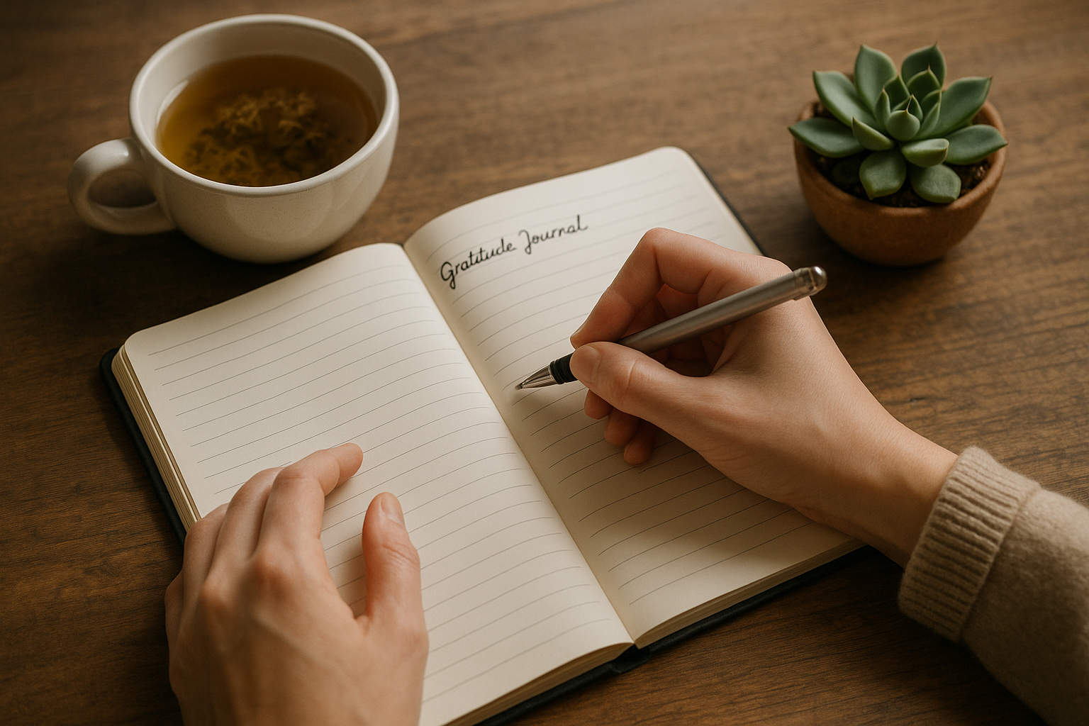 Mains écrivant un journal de gratitude
