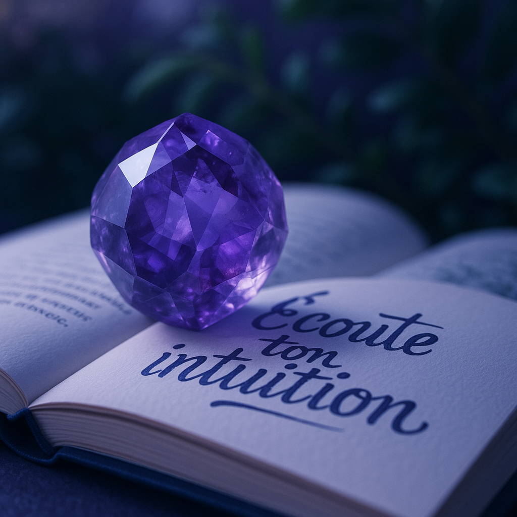 Gros plan d'une améthyste sur un livre ouvert avec des plantes en arrière-plan.