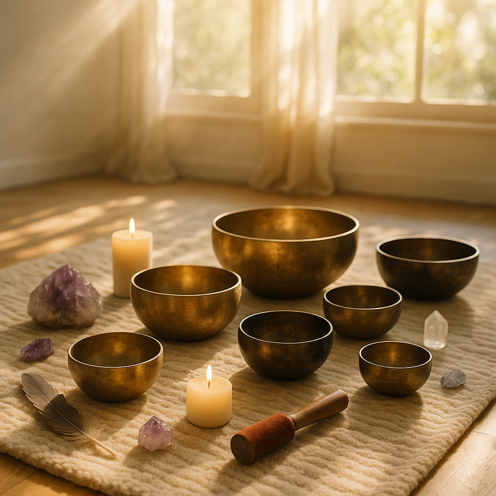 Groupe de bols chantants sur un tapis de méditation, entourés de cristaux et de bougies.