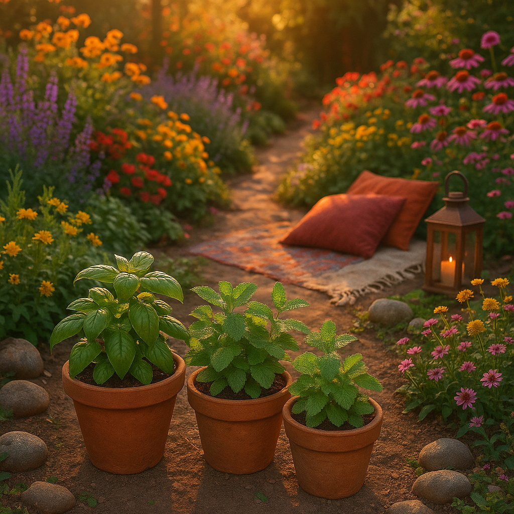 Jardin sensoriel avec fleurs de Bach, herbes aromatiques et zone de détente au coucher du soleil.