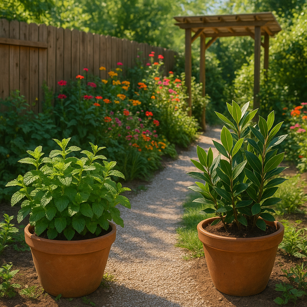 Un jardin calmement aménagé avec des pots de menthe et de laurier, des plantes répulsives contre les rats, entouré de fleurs colorées.