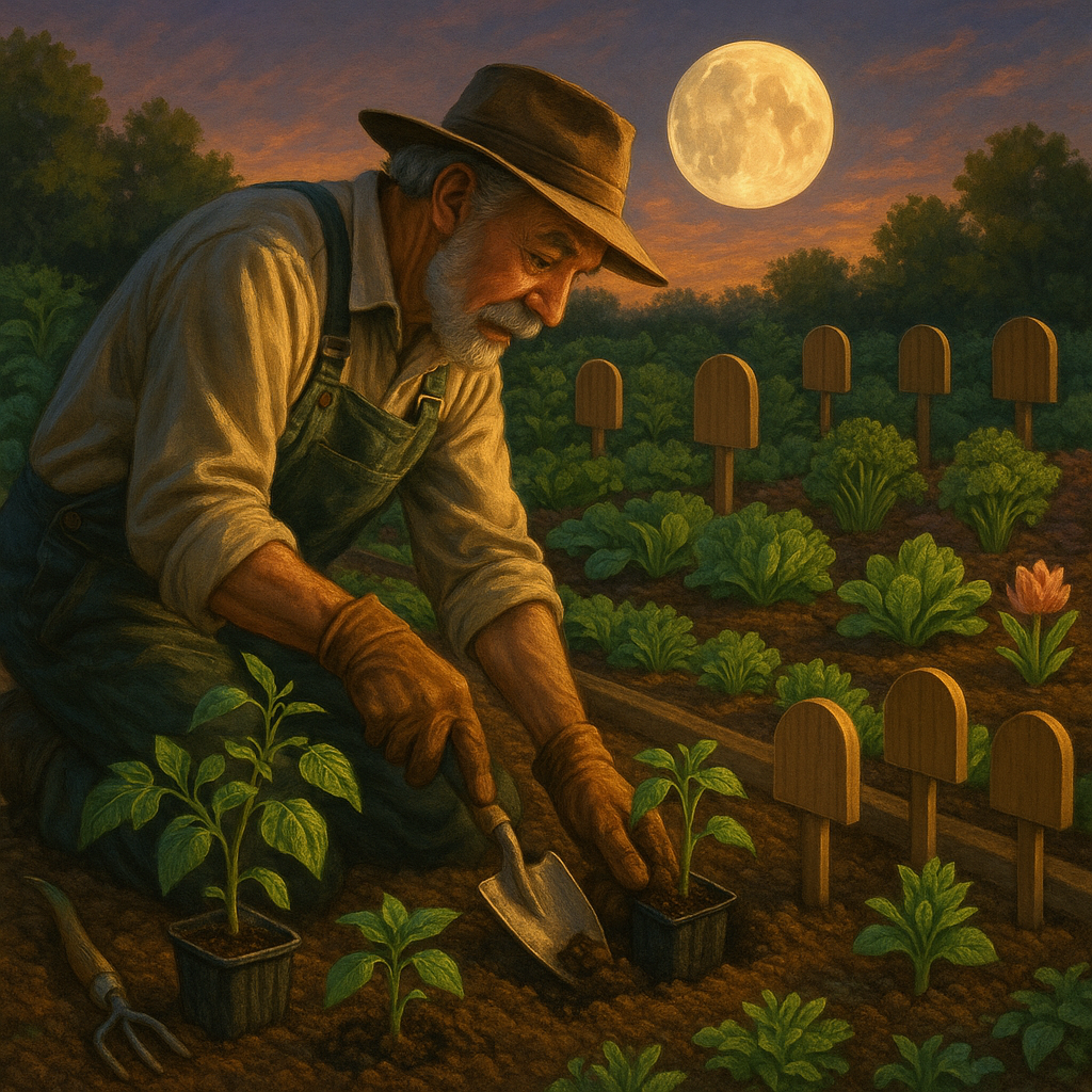 Un jardinier plantant des légumes sous une lune montante.