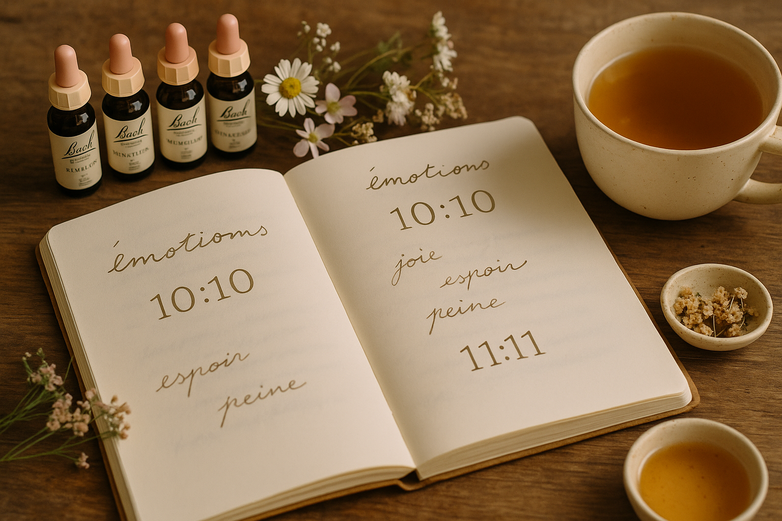 Carnet de bien-être avec notes sur les heures miroir et flacons de fleurs de Bach