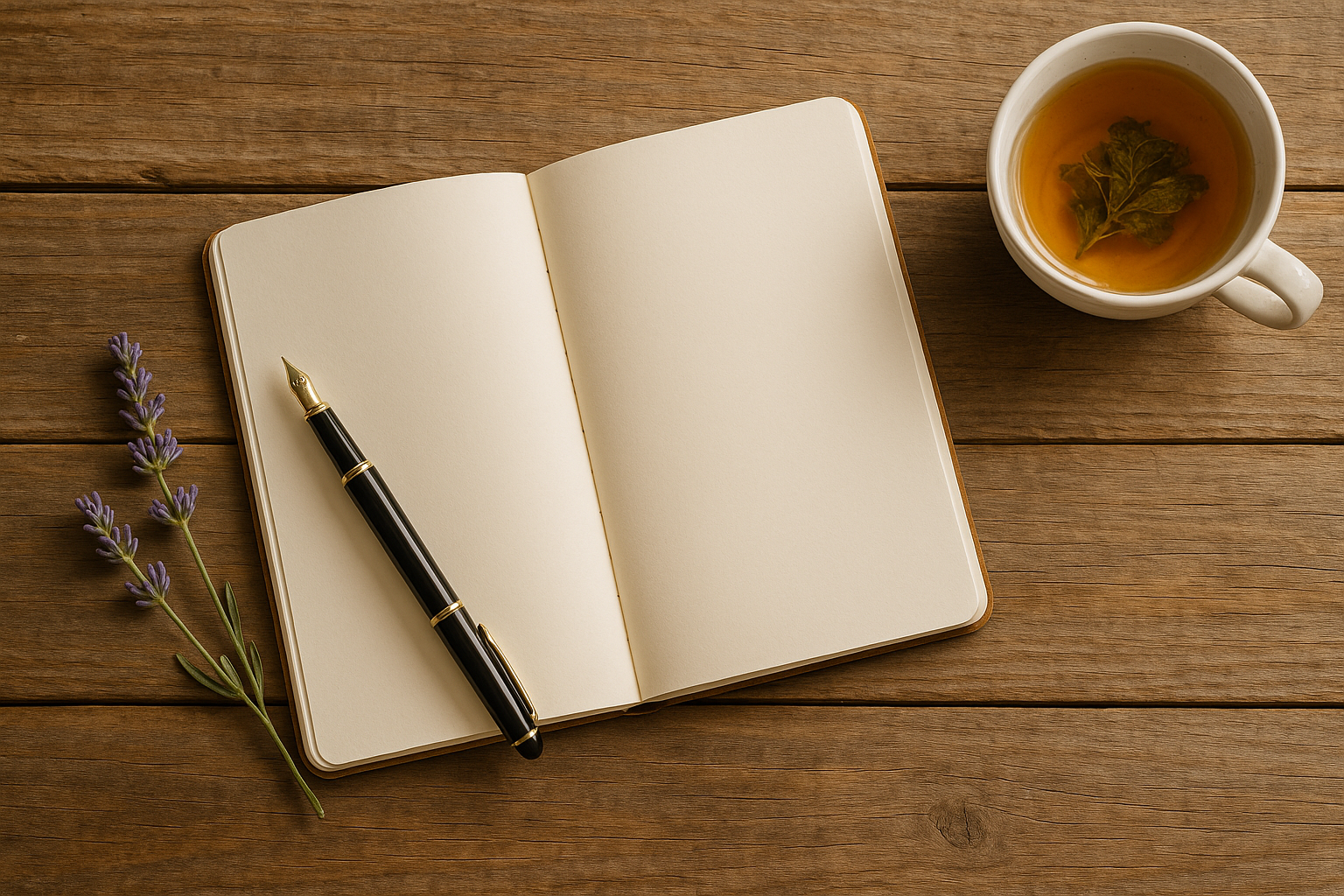 Journal de gratitude ouvert avec stylo et tisane