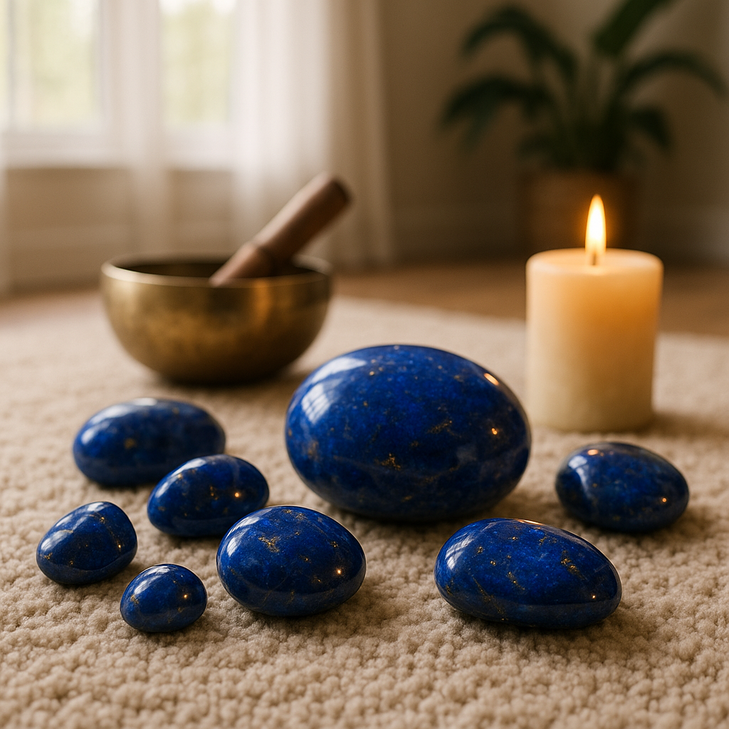 Moment de méditation avec des pierres de lapis lazuli pour favoriser le bien-être intérieur.