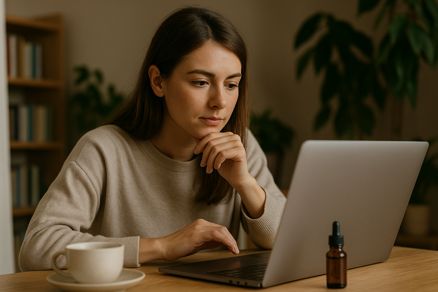 Femme lisant des avis en ligne sur les fleurs de Bach avec un flacon posé à côté