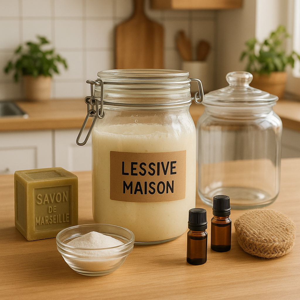 Bocal de lessive maison au savon de Marseille sur un plan de travail de cuisine avec des ingrédients naturels et des éléments écologiques.