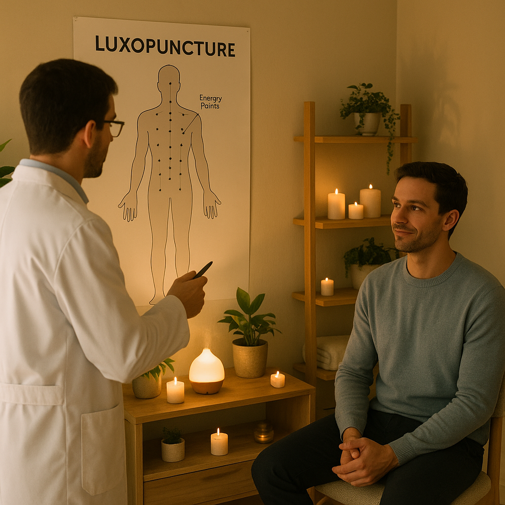Praticien expliquant la luxopuncture à un patient dans une ambiance zen et accueillante.